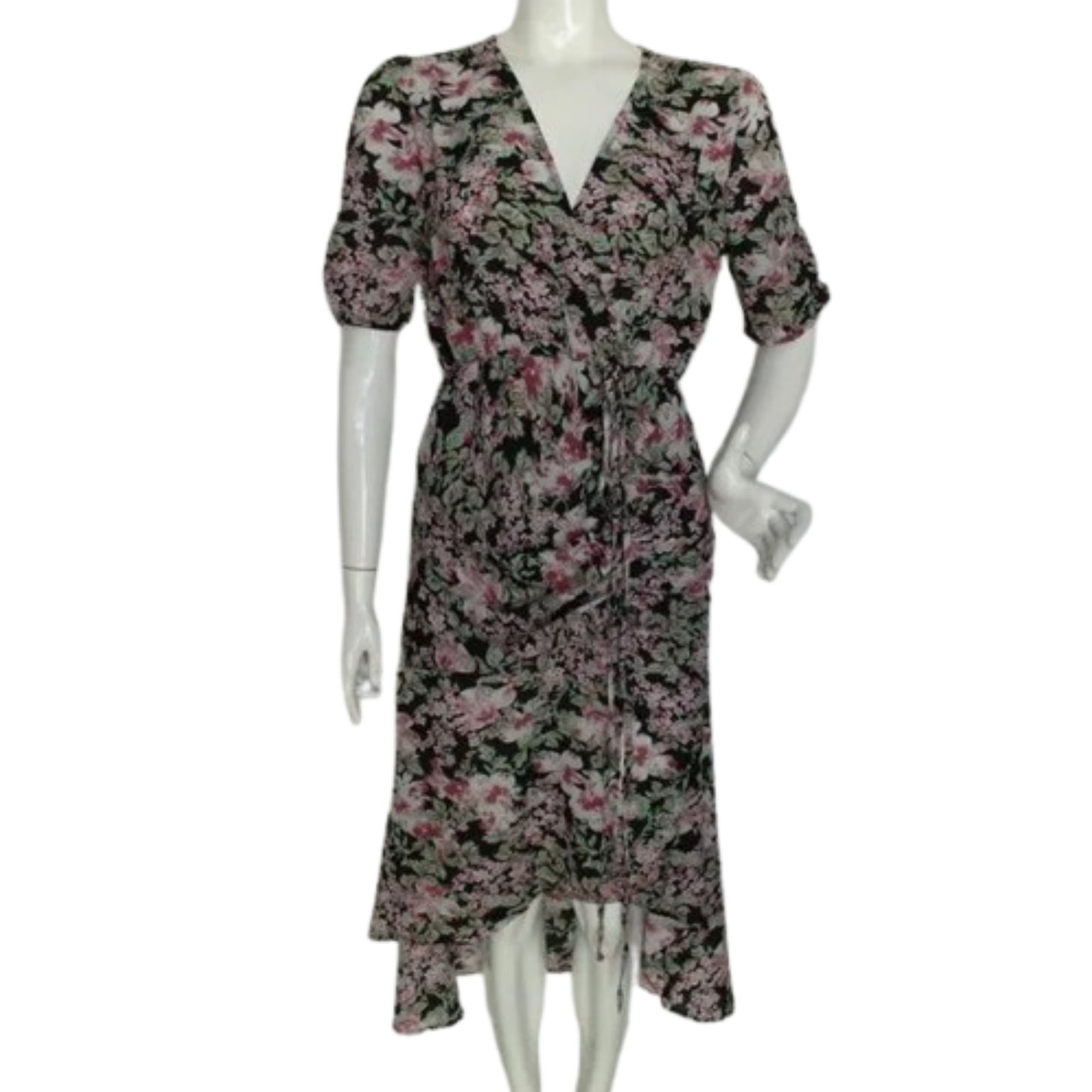 Walter Baker Dress, 4, Black, Pink Floral, Hi-Low Hem, Shirred Short Sleeve